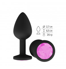 Чёрная анальная втулка с розовым кристаллом - 7,3 см.