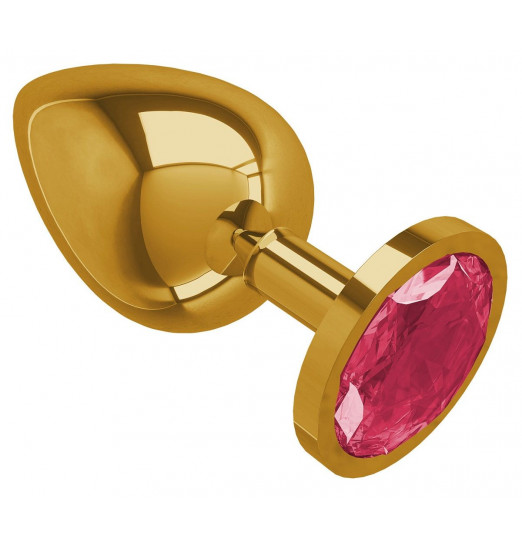 Золотистая большая анальная пробка с малиновым кристаллом - 9,5 см.