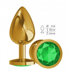Золотистая большая анальная пробка с зеленым кристаллом - 9,5 см.