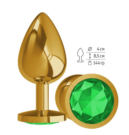 Золотистая большая анальная пробка с зеленым кристаллом - 9,5 см.