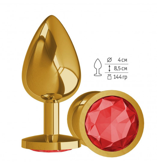 Золотистая большая анальная пробка с красным кристаллом - 9,5 см.