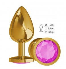 Золотистая большая анальная пробка с розовым кристаллом - 9,5 см.