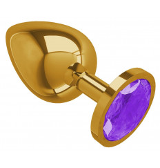 Золотистая большая анальная пробка с фиолетовым кристаллом - 9,5 см.