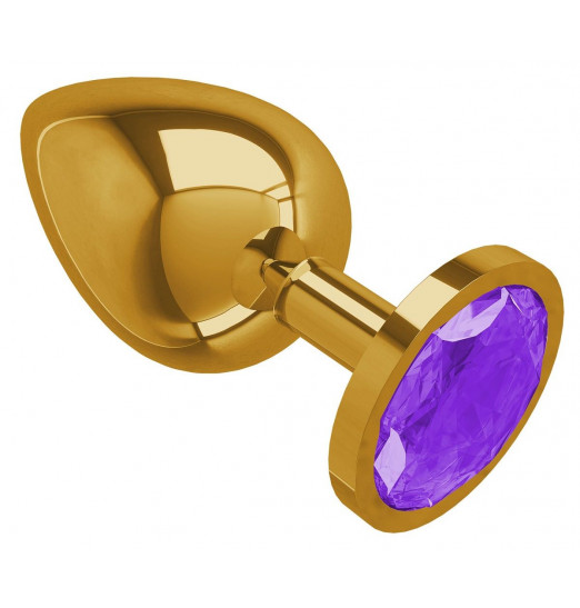 Золотистая большая анальная пробка с фиолетовым кристаллом - 9,5 см.