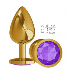 Золотистая большая анальная пробка с фиолетовым кристаллом - 9,5 см.