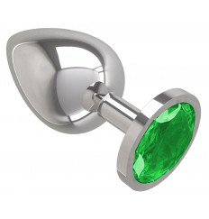 Серебристая большая анальная пробка с зеленым кристаллом - 9,5 см.