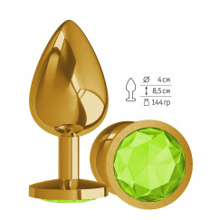 Золотистая большая анальная пробка с лаймовым кристаллом - 9,5 см.