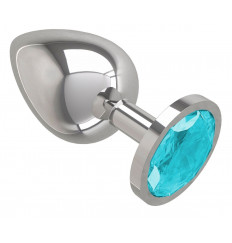 Серебристая большая анальная пробка с голубым кристаллом - 9,5 см.