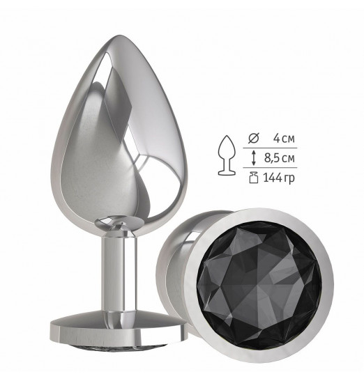 Серебристая большая анальная пробка с чёрным кристаллом - 9,5 см.