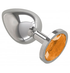 Серебристая большая анальная пробка с оранжевым кристаллом - 9,5 см.