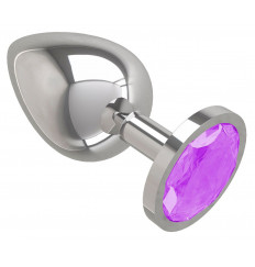 Серебристая большая анальная пробка с сиреневым кристаллом - 9,5 см.