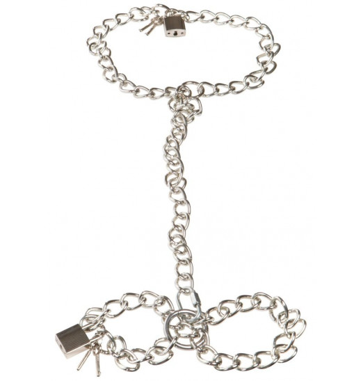 Фиксация на шею и запястья в виде цепей с замочками Bad Kitty Metal collar and chain