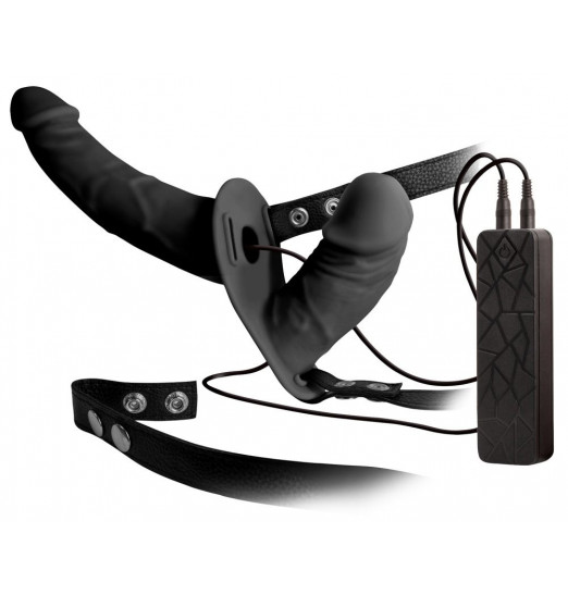 Чёрный вибрострапон с вагинальной пробкой Double Thruster - 17 см.