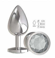 Серебристая большая анальная пробка с прозрачным кристаллом - 9,5 см.