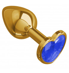 Золотистая анальная втулка с синим кристаллом-сердцем - 7 см.