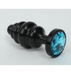 Черная фигурная анальная пробка с голубым кристаллом - 8,2 см.