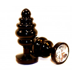 Черная фигурная анальная пробка с прозрачным кристаллом - 8,2 см.