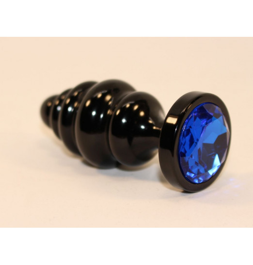 Черная фигурная анальная пробка с синим кристаллом - 8,2 см.