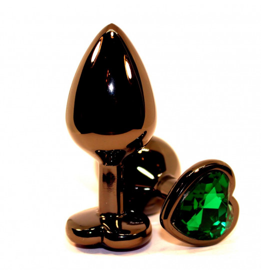 Черная коническая анальная пробка с зеленым кристаллом-сердечком - 8 см.
