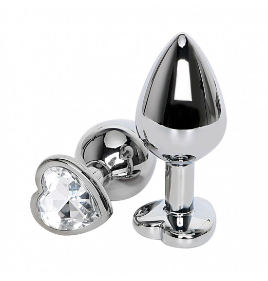 Серебристая анальная пробка с прозрачным кристаллом-сердечком - 8 см.