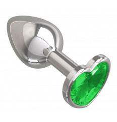 Серебристая анальная втулка с зеленым кристаллом-сердцем - 7 см.