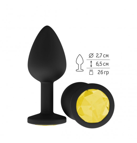 Чёрная анальная втулка с жёлтым кристаллом - 7,3 см.