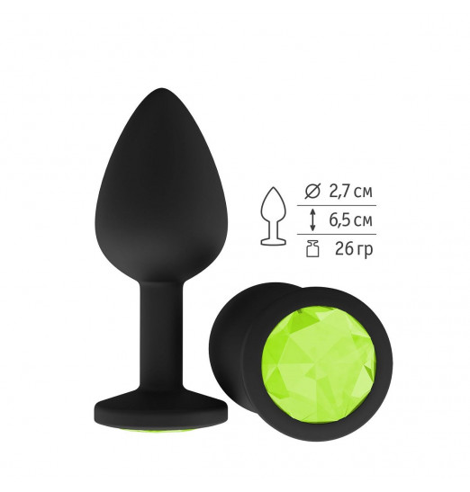 Чёрная анальная втулка с лаймовым кристаллом - 7,3 см.