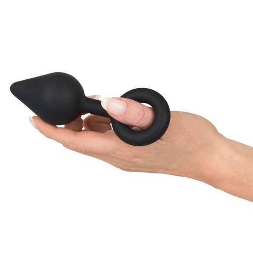 Чёрная анальная втулка с кольцом - 14 см.