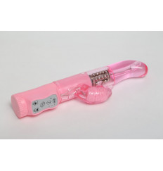 Розовый вибратор с изогнутой головкой и ротацией - 21,5 см.