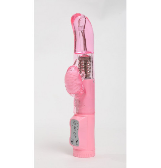 Розовый вибратор с изогнутой головкой и ротацией - 21,5 см.
