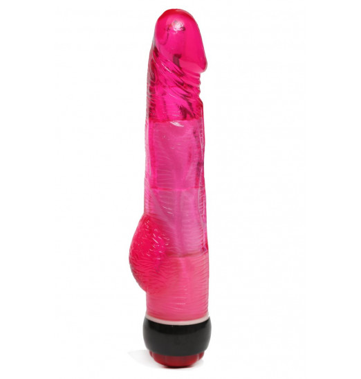 Малиновый вибратор-реалистик с мошонкой и подсветкой - 21,5 см. Малиновый вибратор-реалистик с мошонкой и подсветкой - 21,5 см.