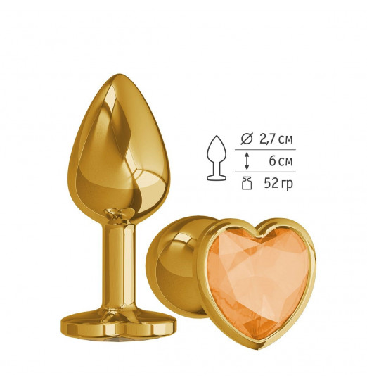 Золотистая анальная втулка с оранжевым кристаллом-сердцем - 7 см.