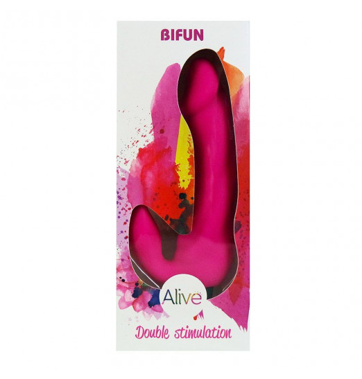 Розовый вибратор с клиторальным отростком Bifun - 16,5 см.