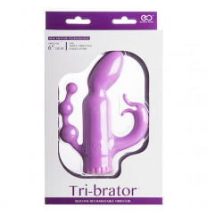 Фиолетовый вибратор с клиторальным и анальным отростками - 15,2 см.