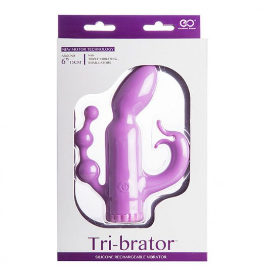 Фиолетовый вибратор с клиторальным и анальным отростками - 15,2 см.