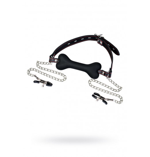 Черный кляп-трензель Theatre в виде косточки с зажимами для сосков