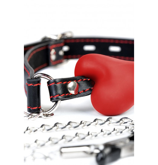 Красный кляп-трензель Theatre в виде косточки с зажимами для сосков