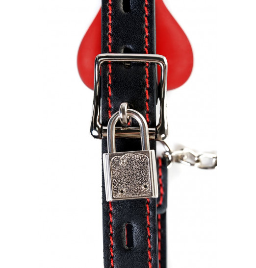 Красный кляп-трензель Theatre в виде косточки с зажимами для сосков