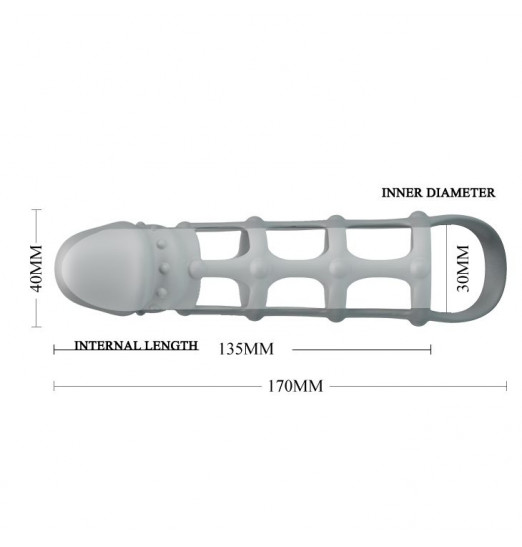 Серая силиконовая насадка на пенис с рельефом и подхватом - 17 см.
