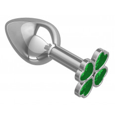 Серебристая анальная втулка с клевером из зеленых кристаллов - 7 см.