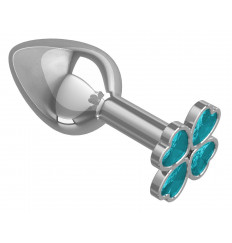 Серебристая анальная втулка с клевером из голубых кристаллов - 7 см.