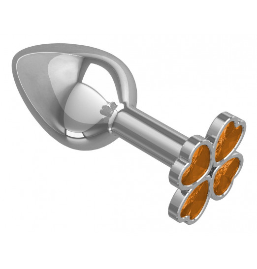 Серебристая анальная втулка с клевером из оранжевых кристаллов - 7 см.