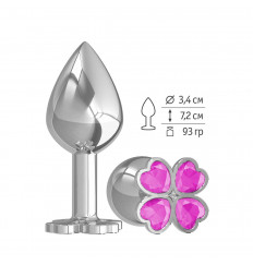 Средняя серебристая анальная втулка с клевером из розовых кристаллов - 8,5 см.
