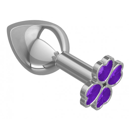 Средняя серебристая анальная втулка с клевером из фиолетовых кристаллов - 8,5 см.