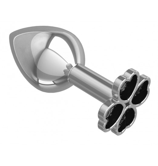 Средняя серебристая анальная втулка с клевером из черных кристаллов - 8,5 см.