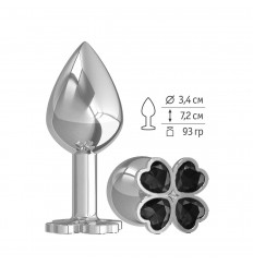 Средняя серебристая анальная втулка с клевером из черных кристаллов - 8,5 см.