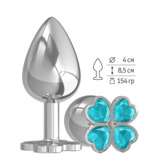 Серебристая анальная пробка-клевер с голубым кристаллом - 9,5 см.