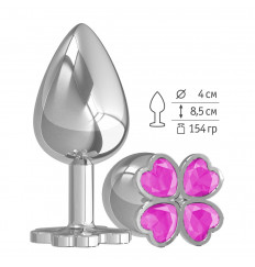 Серебристая анальная пробка-клевер с розовым кристаллом - 9,5 см.