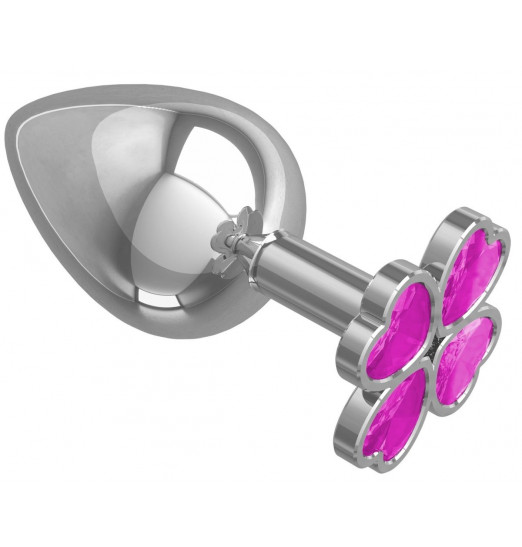 Серебристая анальная пробка-клевер с розовым кристаллом - 9,5 см.