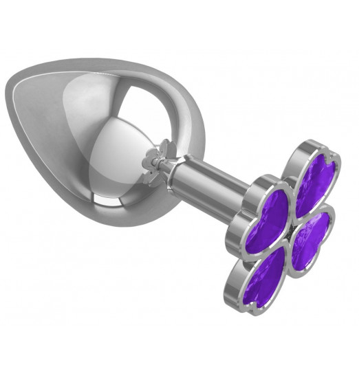 Серебристая анальная пробка-клевер с фиолетовым кристаллом - 9,5 см.